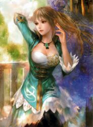 Rule 34 | 1girl, absurdres, arm up, artist request, black thighhighs, breasts, brown eyes, brown hair, cleavage, dress, highres, jewelry, lips, long hair, looking away, necklace, official art, ponytail, scan, shin sangoku musou, smile, solo, thighhighs, wang yuanji