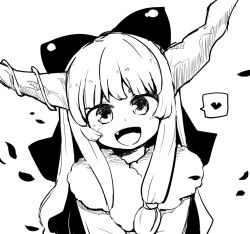 Rule 34 | 1girl, bow, commentary request, fang, greyscale, hair bow, heart, horns, ibuki suika, kumamoto (bbtonhk2), long hair, looking at viewer, monochrome, open mouth, simple background, smile, solo, spoken heart, touhou, upper body, white background