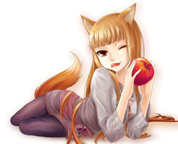 Rule 34 | 00s, 1girl, animal ears, apple, bad id, bad pixiv id, brown hair, eating, fang, food, fruit, holding, holding food, holding fruit, holo, long hair, mouth hold, mytyl, one eye closed, red eyes, solo, spice and wolf, tail, wink, wolf ears, wolf tail