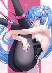 Rule 34 | 1girl, absurdres, ahoge, alternate costume, black leotard, black pantyhose, blue nails, blush, breasts, cleavage, flower, hair flower, hair ornament, heart, heart-shaped pupils, heart ahoge, highres, holding own leg, hololive, large breasts, legs up, leotard, long hair, maio05321, multicolored hair, nail polish, open mouth, pantyhose, playboy bunny, pointy ears, strapless, strapless leotard, streaked hair, symbol-shaped pupils, virtual youtuber, yellow eyes, yukihana lamy