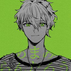 Rule 34 | 1boy, amami rantaro, bishounen, closed mouth, collarbone, danganronpa (series), danganronpa v3: killing harmony, ear piercing, earrings, geqian guiyu, green background, green eyes, green theme, hair between eyes, highres, jewelry, messy hair, necklace, piercing, portrait, simple background, smile, solo, spot color, striped clothes, striped sweater, sweater, translation request