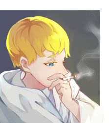 Rule 34 | 1boy, asuka ryou, blonde hair, blue eyes, cigarette, coat, devilman, devilman crybaby, eyebrows, male focus, short hair, smoke, smoking, solo, white coat
