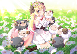 Rule 34 | 1girl, absurdres, ahoge, animal, animal ears, bare shoulders, benchen06, black footwear, blonde hair, boots, bow, bowtie, breasts, cape, curled horns, day, detached sleeves, dress, field, flower, flower field, fluffy, from above, fur-trimmed boots, fur-trimmed cape, fur-trimmed dress, fur-trimmed sleeves, fur collar, fur trim, glowstick, grass, grey fur, hair between eyes, hair flower, hair ornament, hair ribbon, hairpin, head wreath, highres, hololive, horns, large breasts, long hair, looking at viewer, petals, pink cape, pink ribbon, puckered lips, purple eyes, red bow, ribbon, sheep, sheep ears, sheep girl, sheep horns, sitting, star-shaped eyewear, star (symbol), sunflower, sunflower field, sunglasses, sunlight, tsunomaki watame, tsunomaki watame (1st costume), virtual youtuber, wariza, white dress, white fur