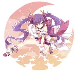 Rule 34 | 1girl, aisha landar, bow, breasts, cleavage, crescent, dimension witch (elsword), elsword, full body, gloves, long hair, mito (rscrsc), on one knee, purple eyes, purple hair, purple skirt, shoes, skirt, smile, solo, twintails