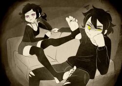 Rule 34 | 1boy, 1girl, andrew graves, ashley graves, averting eyes, black hair, black nails, black shirt, black thighhighs, couch, feet, foot focus, green eyes, head on hand, jewelry, no shoes, on couch, pants, pink eyes, shirt, sleeves past wrists, soles, spot color, stirrup legwear, the coffin of andy and leyley, thighhighs, toe ring, toeless legwear, toes, torn clothes, torn pants, xu53r