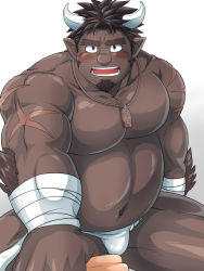 Rule 34 | 2boys, abs, bara, belly, bikini briefs, blush, body fur, brown hair, bulge, cow boy, cow horns, cross scar, dark-skinned male, dark skin, facial hair, fat, fat man, forked eyebrows, goatee, holding hands, horns, large pectorals, long sideburns, male focus, male underwear, multiple boys, muscular, muscular male, navel, nipples, no nipples, pectorals, pov, pov hands, scar, short hair, sideburns, solo focus, stomach, sunfight0201, tetsuox (housamo), thick eyebrows, thick thighs, thighs, tokyo houkago summoners, topless male, underwear, underwear only, very dark skin, white male underwear, yaoi