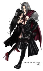 Rule 34 | 1990s (style), 1boy, 1girl, armor, asahi (pixiv902927), bare shoulders, black hair, boots, cape, cheating (relationship), couple, demon horns, dress, earrings, final fantasy, final fantasy vii, green eyes, grey hair, hair ornament, halloween, hat, high heels, highres, horns, jewelry, long hair, looking back, netorare, open mouth, red eyes, retro artstyle, sephiroth, shoes, thighhighs, tifa lockhart, witch hat
