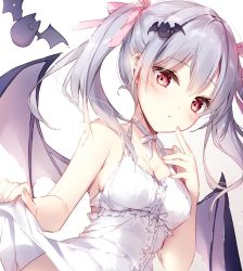 Rule 34 | 1girl, :t, bare arms, bare shoulders, bat (animal), bat hair ornament, breasts, choker, cleavage, clothes lift, commentary request, demon wings, dress, dress lift, hair ornament, hair ribbon, highres, index finger raised, long hair, looking at viewer, medium breasts, mochizuki shiina, original, pink ribbon, red eyes, ribbon, sidelocks, silver hair, sleeveless, sleeveless dress, solo, twintails, upper body, white background, white dress, wings