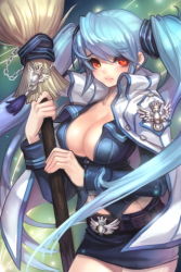 Rule 34 | 1girl, belt, blue hair, blush, breasts, broom, cleavage, coat, jacket, large breasts, long hair, long sleeves, lowres, luthica preventer, luticar, open clothes, red eyes, skirt, solo, sword girls, twintails