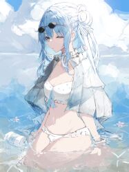 Rule 34 | 1girl, absurdres, arms at sides, bikini, blue eyes, blue hair, bra, breasts, can, capelet, cleavage, cloud, cloudy sky, collar, commentary, cowboy shot, day, eyewear on head, flower, frilled bra, frilled panties, frills, front-tie top, hair between eyes, hair bun, hair flower, hair ornament, highres, hololive, hololive summer 2022 swimsuit, horizon, hoshimachi suisei, hurybone, ibispaint (medium), long hair, looking at viewer, medium breasts, navel, ocean, official alternate costume, one eye closed, panties, parted lips, partially submerged, print bikini, reflection, reflective water, sidelocks, single hair bun, sitting, sky, solo, stomach, sunglasses, swimsuit, thighs, underwear, virtual youtuber, water, white bikini, white capelet, white panties