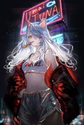 Rule 34 | 1girl, absurdres, animal ear fluff, animal ears, bare shoulders, breasts, cat ears, cat girl, cowboy shot, crop top, gawako, hair ornament, hair over one eye, hairclip, hand on own hip, highres, jacket, long hair, medium breasts, messy hair, midriff, mouth hold, navel, neon lights, open clothes, open jacket, original, pantyhose, pantyhose under shorts, romaji text, short shorts, shorts, sign, silver hair, solo, standing, stomach, tank top, yellow eyes