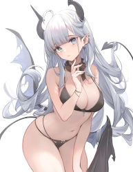 Rule 34 | 1girl, ahoge, bare arms, bare shoulders, bikini, black bikini, blue eyes, breasts, cleavage, commentary, cowboy shot, demon girl, demon horns, demon tail, demon wings, detached collar, ear piercing, earrings, halterneck, hand on own thigh, highres, horns, jewelry, large breasts, leaning forward, long hair, looking at viewer, low wings, multi-strapped bikini, navel, nekojira, original, parted lips, piercing, pointy ears, simple background, skindentation, solo, standing, stomach, string bikini, swimsuit, symbol-only commentary, tail, tail raised, thea (nekojira), thighs, very long hair, white background, white hair, wings