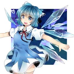 Rule 34 | 1girl, bad id, bad pixiv id, blue eyes, blue hair, blush, bow, cirno, dress, hair bow, ice, ice wings, koyuri shouyu, matching hair/eyes, open mouth, outstretched arms, short hair, short sleeves, smile, solo, spread arms, thighhighs, touhou, wings