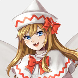 Rule 34 | 1girl, blonde hair, blue eyes, blush, bow, bowtie, capelet, close-up, commentary request, dress, eyelashes, fairy, fairy wings, happy, hat, hat bow, hoshiringo0902, lily white, lips, long hair, open mouth, orange hair, pointy hat, red bow, red bowtie, sidelocks, simple background, teeth, touhou, upper teeth only, white background, white capelet, white dress, white headwear, wings