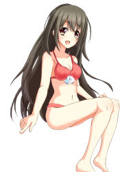 Rule 34 | 1girl, bikini, black hair, breasts, cleavage, highres, long hair, looking at viewer, meturyusinzero, open mouth, original, red eyes, simple background, sitting, smile, solo, swimsuit, very long hair, white background