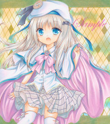 Rule 34 | 1girl, :d, argyle, argyle background, argyle clothes, blonde hair, blue eyes, bow, bowtie, buttons, cape, checkered clothes, checkered skirt, collared shirt, cowboy shot, dress shirt, grey skirt, holding, holding cape, holding clothes, little busters!, long hair, looking at viewer, marker (medium), noumi kudryavka, open mouth, pink bow, pink bowtie, rui (sugar3), sample watermark, shirt, skirt, smile, solo, thighhighs, traditional media, watermark, white cape, white headwear, white shirt, white thighhighs, zettai ryouiki