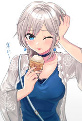 Rule 34 | 1girl, ;p, anastasia (idolmaster), blue eyes, blue shirt, brain freeze, breasts, choker, collarbone, earrings, floral print, food, grey jacket, hand on own head, highres, holding, holding food, ice cream, idolmaster, idolmaster cinderella girls, jacket, jewelry, long sleeves, looking at viewer, medium breasts, nail polish, one eye closed, open clothes, open jacket, pink nails, shirt, short hair, silver hair, simple background, solo, tongue, tongue out, translated, upper body, wenquangua, white background, wide sleeves, wrapper