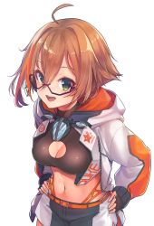 Rule 34 | 1girl, :d, ahoge, belt, black-framed eyewear, breasts, brown hair, brown shirt, cleavage, cleavage cutout, clothing cutout, commentary request, crop top, glasses, green eyes, hands on own hips, hood, hood down, hooded jacket, jacket, konnyaku (kk-monmon), ktm ag, long sleeves, looking at viewer, medium breasts, midriff, multicolored hair, navel, open clothes, open jacket, open mouth, orange hair, semi-rimless eyewear, shirt, short hair, short shorts, shorts, simple background, smile, solo, two-tone hair, under-rim eyewear, upper body, white background, white jacket