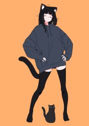 Rule 34 | 1girl, :3, animal ear fluff, animal ears, black cat, black hair, black thighhighs, blunt bangs, blush stickers, cat, cat ears, cat girl, cat tail, closed eyes, commentary request, drawstring, full body, grey hoodie, hands on own hips, highres, hood, hood down, hoodie, legs apart, long hair, long sleeves, megateru, orange background, original, oversized clothes, simple background, sleeves past wrists, solo, standing, tail, thighhighs, zettai ryouiki