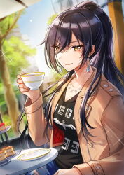 Rule 34 | 1girl, :d, black hair, black shirt, blue pants, blurry, blurry background, breasts, brown coat, cleavage, coat, collarbone, cup, day, denim, earrings, hair between eyes, high ponytail, highres, holding, holding cup, idolmaster, idolmaster shiny colors, jewelry, long hair, long sleeves, medium breasts, open clothes, open coat, open mouth, outdoors, pants, print shirt, shinishi chiho, shirase sakuya, shirt, signature, sitting, smile, solo, sparkle, teacup, torn clothes, torn pants, very long hair, watermark, yellow eyes