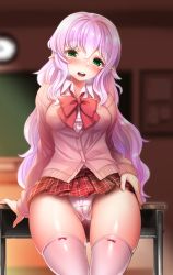Rule 34 | 1girl, absurdres, blurry, blurry background, blush, bow, breasts, brown cardigan, cameltoe, cardigan, clock, collared shirt, commentary request, depth of field, desk, dress shirt, green eyes, hair between eyes, harigane shinshi, head tilt, highres, indoors, large breasts, long hair, long sleeves, on desk, open mouth, original, panties, partially visible vulva, pink hair, plaid, plaid skirt, pleated skirt, pointy ears, red bow, red skirt, round teeth, school desk, shirt, sitting, skirt, sleeves past wrists, solo, star-shaped pupils, star (symbol), symbol-shaped pupils, teeth, thighhighs, underwear, upper teeth only, very long hair, wall clock, white panties, white shirt, white thighhighs