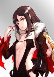 Rule 34 | 1girl, arata, black dress, black jacket, blood, blood on hands, breasts, dress, ear piercing, fate/grand order, fate (series), fur-trimmed jacket, fur trim, highres, jacket, long hair, long sleeves, looking at viewer, medium breasts, navel, open clothes, open jacket, open mouth, orange eyes, piercing, revealing clothes, slit pupils, solo, strapless, strapless dress, sword, very long hair, weapon, yu mei-ren (fate)
