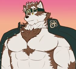Rule 34 | 1boy, abs, absurdres, animal ears, bara, commentary, dated, english commentary, furry, furry male, headband, highres, horkeu kamui, jacket, jacket on shoulders, male focus, muscular, muscular male, pectorals, scar, scar on chest, scar on chin, scar on face, signature, smile, syoudrealvarez, tokyo houkago summoners, wolf boy, wolf ears, yellow eyes