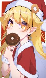 Rule 34 | 1girl, bakemonogatari, blonde hair, christmas, doughnut, earrings, fang, flat chest, food, food-themed hat ornament, food in mouth, fur trim, hair flaps, hair over eyes, hat, hat ornament, highres, holding, holding sack, jewelry, long hair, looking at viewer, looking to the side, monogatari (series), oshino shinobu, red background, sack, santa costume, santa hat, skin fang, slit pupils, solo, thomas (aoakumasan), upper body, yellow eyes
