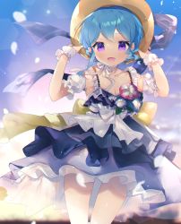 Rule 34 | 1girl, bang dream!, blue hair, breasts, cleavage, collarbone, cowboy shot, detached sleeves, eyelashes, flower, frills, hat, highres, light blue hair, looking at viewer, matsubara kanon, open mouth, puffy short sleeves, puffy sleeves, purple eyes, short sleeves, solo, wrist cuffs, yun (dust-i1)