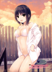 Rule 34 | 10s, 1girl, 2016, :d, absurdres, bare legs, bare shoulders, barefoot, bikini, black hair, blush, breasts, brown eyes, buttons, cleavage, cloud, coffee-kizoku, collarbone, cowboy shot, evening, eyebrows, fence, halterneck, highres, leg up, long sleeves, looking at viewer, medium breasts, navel, off shoulder, open clothes, open mouth, open shirt, orange sky, outdoors, scan, shirt, sky, smile, solo, standing, standing on one leg, stomach, stool, string bikini, swimsuit, tareme, thighs, translation request, unbuttoned, unbuttoned shirt, white bikini, wooden fence, wooden floor
