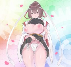 Rule 34 | 1girl, absurdres, apache (amarobo801), black hakama, breasts, breasts out, brown eyes, brown hair, cameltoe, clothes lift, fundoshi, gluteal fold, hachimaki, hair between eyes, hakama, hakama lift, hakama short skirt, hakama skirt, headband, heart, highres, huge breasts, ise (kancolle), ise kai ni (kancolle), japanese clothes, kantai collection, kimono, looking at viewer, nipples, short hair, skirt, solo, standing, white headband, white kimono, wide sleeves
