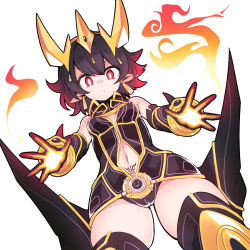Rule 34 | 1girl, :3, arcle, armor, black armor, black dress, black gloves, black hair, black panties, black thighhighs, boots, breasts, ditienan ddn, dress, earrings, fire, from below, gloves, glowing hands, gold armor, hair ornament, highres, horns, jewelry, kamen rider, kamen rider kuuga, kamen rider kuuga (series), kamen rider kuuga (ultimate form), looking at viewer, looking down, armored boots, navel, open clothes, open dress, panties, personification, pointy ears, red eyes, rider-tan, rider belt, short dress, short hair, small breasts, standing, stomach tattoo, tattoo, thigh boots, thighhighs, underwear, white background, wristband