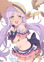 Rule 34 | 1girl, @ @, absurdres, armpit crease, bikini, blush, bow, bracelet, coin, collarbone, covering privates, covering breasts, dorontabi, frilled bikini, frills, hat, highres, hypnosis, imminent rape, jewelry, kyoka (princess connect!), long hair, low twintails, mind control, navel, open mouth, outie navel, pendulum, pink bikini, pointy ears, princess connect!, purple hair, ribbon, stomach, sun hat, sweatdrop, swimsuit, teeth, textless version, thigh gap, twintails, water, white background, yellow eyes
