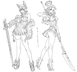 Rule 34 | 2girls, armpits, ass, breasts, commentary, cosmic bear, eyepatch, from side, full body, fur-trimmed jacket, fur trim, gloves, greyscale, headgear, high heels, holding, holding polearm, holding spear, holding sword, holding weapon, jacket, kantai collection, large breasts, lineart, long sleeves, looking at viewer, monochrome, multiple girls, necktie, off shoulder, pleated skirt, polearm, shirt, skirt, sleeveless, sleeveless shirt, smile, spear, standing, sword, tatsuta (kancolle), tenryuu (kancolle), thighhighs, thighs, weapon, white background