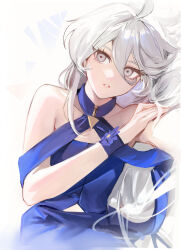 Rule 34 | 1girl, absurdres, ahoge, bare shoulders, blue dress, commentary, dress, expressionless, flat chest, grey eyes, grey hair, gundam, gundam suisei no majo, highres, looking at viewer, miorine rembran, parted lips, solo, swept bangs, tanu0706, upper body