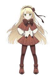 Rule 34 | 1girl, absurdres, blonde hair, boots, brown capelet, brown footwear, brown hairband, brown pantyhose, brown ribbon, brown skirt, buttons, cable knit, capelet, closed mouth, commentary request, frown, full body, green eyes, hair ribbon, hairband, hands on own hips, highres, korean commentary, lobotomy corporation, long hair, long sleeves, looking at viewer, neck ribbon, pantyhose, ppanglatte, project moon, ribbon, shirt, simple background, skirt, solo, tiphereth a (project moon), white background, white shirt