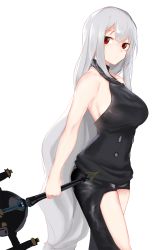 Rule 34 | 1girl, arknights, bare arms, bare shoulders, black pants, black shirt, breasts, closed mouth, collarbone, commentary, grey hair, highres, holding, holding weapon, inniyik, large breasts, long hair, looking at viewer, pants, red eyes, shirt, sideboob, simple background, skadi (arknights), sleeveless, sleeveless shirt, solo, very long hair, weapon, white background