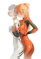 Rule 34 | 2girls, ass, ayanami rei, blue hair, blush, bodysuit, breasts, dino (dinoartforame), expressionless, faceless, gloves, grabbing, grabbing from behind, hair between eyes, hair ornament, highres, long hair, medium breasts, multiple girls, neon genesis evangelion, open mouth, orange bodysuit, orange hair, pilot suit, plugsuit, shiny clothes, short hair, small breasts, souryuu asuka langley, very long hair, white background, white bodysuit, wide hips