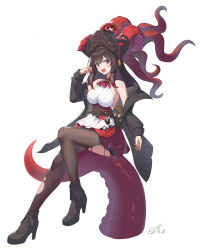 Rule 34 | 1girl, absurdres, ascot, azur lane, black footwear, black jacket, boots, dress, hat, high heel boots, high heels, highres, jacket, off shoulder, open mouth, pantyhose, ping zhong yu, pirate, pirate hat, red ascot, red eyes, red nails, red skirt, royal fortune (azur lane), skirt, sleeveless, sleeveless dress, sword, tentacles, torn clothes, torn pantyhose, weapon, white dress