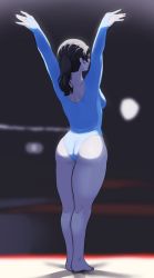 Rule 34 | 1girl, ass, barefoot, black hair, breasts, colored skin, grey eyes, gymnastics, highleg, highleg leotard, highres, kneepits, leotard, long hair, nintendo, outstretched arms, ponytail, skin tight, solo, spandex, spread arms, super smash bros., suwaiya, thighs, unitard, white skin, wii fit, wii fit trainer, wii fit trainer (female)