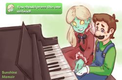 Rule 34 | 1boy, 1girl, black bow, blue eyes, blue overalls, bow, brooch, brown hair, colored skin, dress, facial hair, ghost, gloves, green shirt, green skin, unworn headwear, instrument, jewelry, khiuly, long hair, luigi, luigi&#039;s mansion, mario (series), melody pianissima, mustache, nintendo, no pupils, overalls, parted bangs, piano, platinum blonde hair, red dress, shirt, short hair, sitting, smile, sweat, sweatdrop, teaching, white gloves, yellow eyes