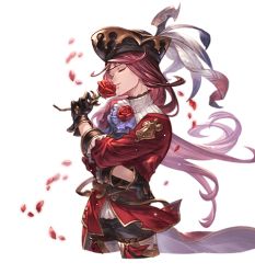 Rule 34 | 1boy, aoidos, boots, ascot, cropped legs, closed eyes, flower, granblue fantasy, hat, hat feather, long hair, male focus, minaba hideo, official art, petals, pirate costume, pirate hat, red hair, rose, solo, thigh boots, thighhighs, transparent background, white day