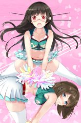 Rule 34 | 10s, 2girls, bent over, black hair, blue eyes, blush, breasts, brown hair, character name, cheerleader, choukai (kancolle), clenched teeth, clothes lift, collarbone, crop top, glasses, hair ornament, hairclip, hayakawa akari, headgear, kantai collection, large breasts, long hair, looking at viewer, maya (kancolle), midriff, multiple girls, navel, open mouth, panties, pleated skirt, pom pom (cheerleading), red eyes, remodel (kantai collection), rimless eyewear, short hair, skirt, skirt lift, sleeveless, spread legs, teeth, thighhighs, underwear, white legwear, wind, wind lift