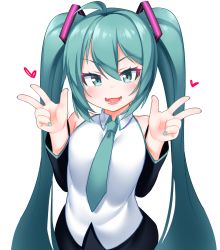 Rule 34 | 1girl, :d, ahoge, bare shoulders, black skirt, black sleeves, breasts, collared shirt, detached sleeves, double w, glowing, green eyes, green hair, green nails, green necktie, hair between eyes, hair ornament, hands up, hatsune miku, heart, highres, kirisame mia, long hair, long sleeves, looking at viewer, nail polish, necktie, open mouth, shirt, sidelocks, simple background, skirt, sleeveless, sleeveless shirt, small breasts, smile, solo, twintails, very long hair, vocaloid, w, white background, white shirt