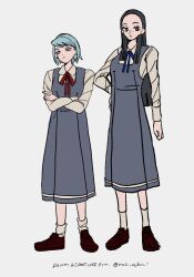 Rule 34 | 2girls, ace attorney, arm at side, black hair, blue hair, blue ribbon, brown footwear, callisto yew, closed mouth, crossed arms, dress, earrings, franziska von karma, freckles, full body, hand on own hip, height difference, highres, jewelry, long hair, long sleeves, mole, mole under eye, multiple girls, pinafore dress, rat nkmi, red ribbon, ribbon, school uniform, shirt, simple background, sleeveless, sleeveless dress, socks, white shirt, white socks