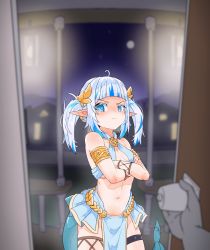 Rule 34 | 1girl, blue eyes, blue hair, city lights, crossed arms, doorway, fins, fish tail, gawr gura, grey hair, highres, hololive, hololive english, moral cacoethes, multicolored hair, navel, pointy ears, pout, pov doorway, revealing clothes, shark girl, shark tail, streaked hair, tail, virtual youtuber