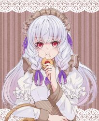 Rule 34 | 1girl, apron, braid, commentary request, cookie, dress, fire emblem, fire emblem: three houses, fire emblem heroes, food, grey apron, hair ribbon, hand up, highres, holding, holding cookie, holding food, juliet sleeves, long sleeves, lysithea von ordelia, maid, maid headdress, nintendo, official alternate costume, puffy sleeves, purple ribbon, ribbon, solo, tankei fm, twin braids, upper body, white dress, white hair