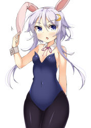 Rule 34 | 10s, 1girl, animal ears, bad id, bad pixiv id, blue eyes, crescent, crescent hair ornament, detached collar, fake animal ears, hair ornament, kankitsunabe (citrus), kantai collection, leotard, long hair, pantyhose, playboy bunny, purple hair, rabbit ears, ribbon, short hair, short hair with long locks, solo, standing, wrist cuffs, yayoi (kancolle)