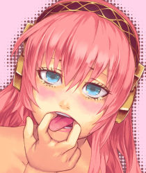Rule 34 | 1girl, aqua eyes, bad id, bad pixiv id, blush, close-up, finger in own mouth, headphones, long hair, looking at viewer, megurine luka, mouth pull, open mouth, pink hair, solo, tongue, vocaloid, yuuji (and)
