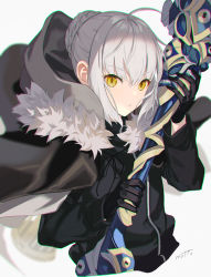 Rule 34 | 1girl, ahoge, black cape, black gloves, black jacket, braid, cape, cloak, commentary request, fate (series), fur trim, gloves, gray (fate), grey hair, hair between eyes, highres, holding, holding weapon, hood, jacket, long sleeves, looking at viewer, lord el-melloi ii case files, motto (night wear), short hair, simple background, solo, weapon, white background, yellow eyes